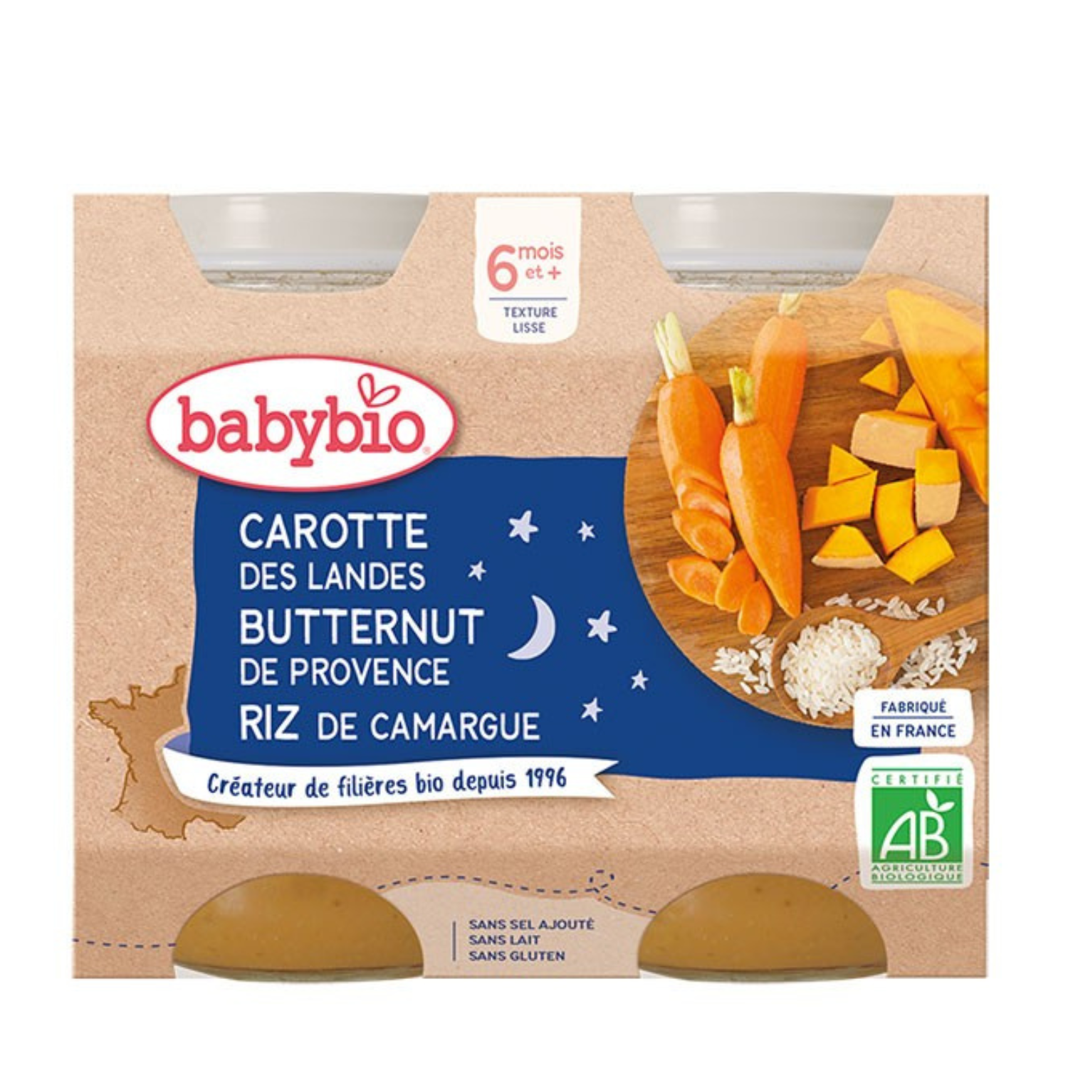 Ghivece Babybio - 6 luni și mai mult - Morcov, Butternut, Orez - BIO 2x200 g