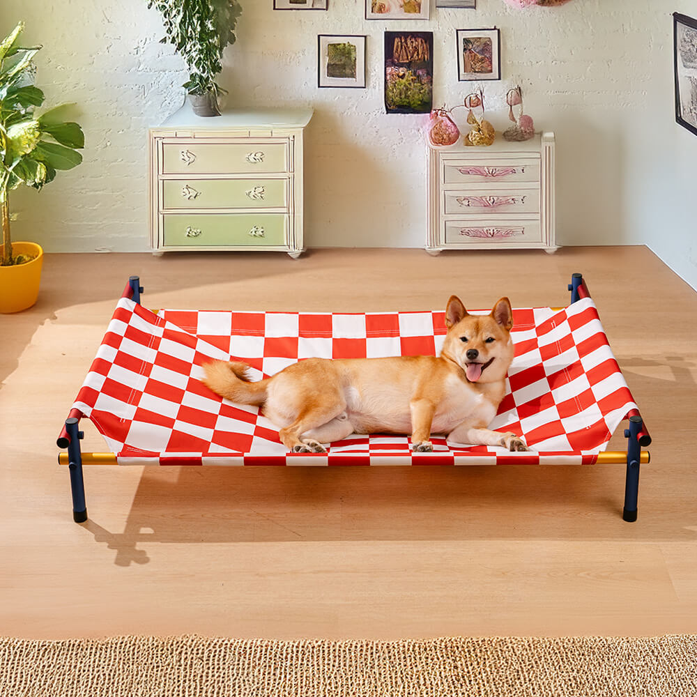Vibrant Summer Print Style Aluminum Elevated Dog Bed - Summer Paradise, Red Plaid - M