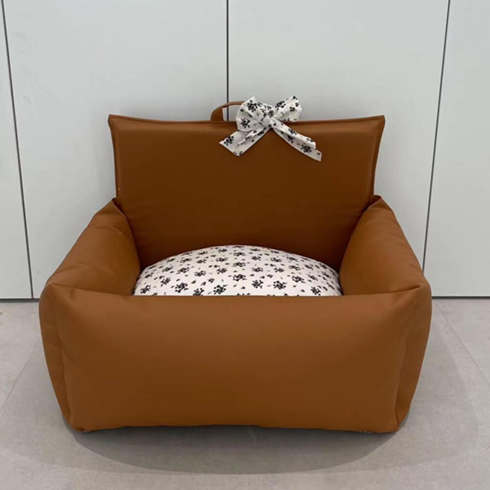 Vintage Floral Faux Leather Waterproof Anti-Scratch Puppy Dog Bed, Brown - M