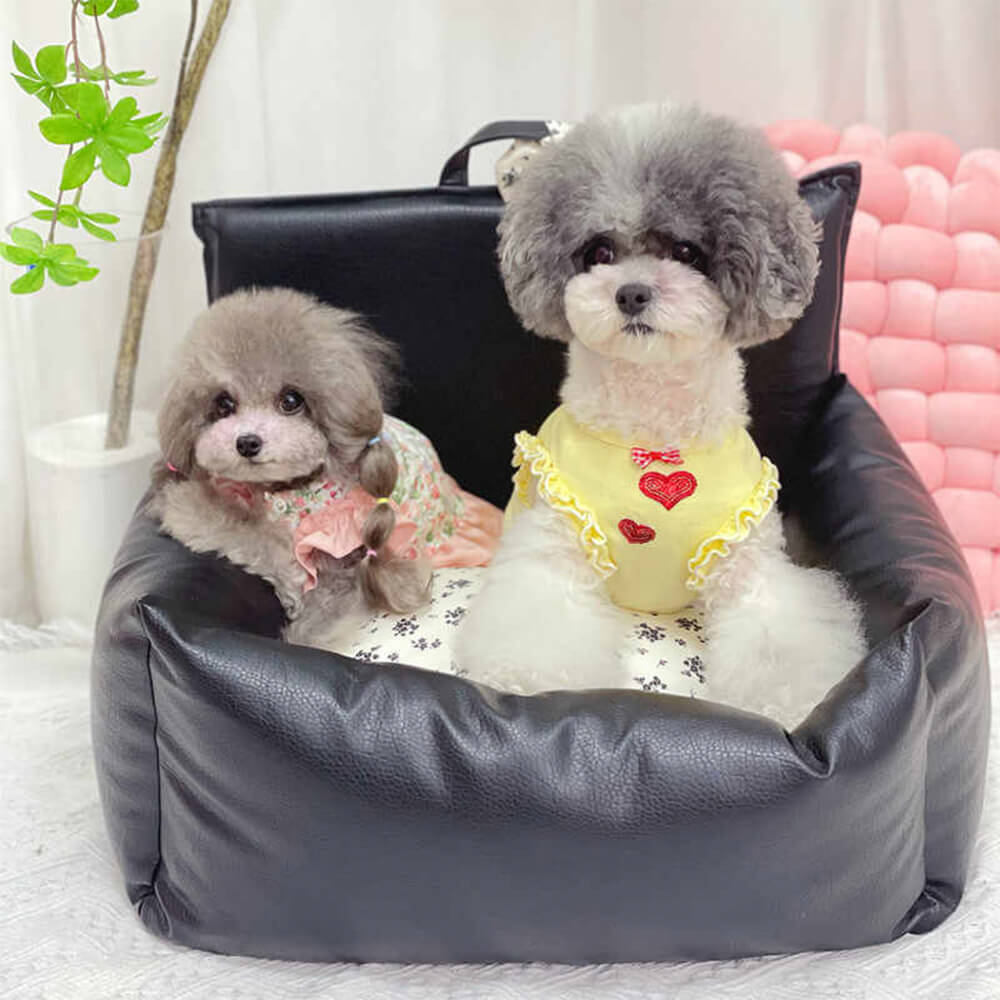 Vintage Floral Faux Leather Waterproof Anti-Scratch Puppy Dog Bed, Black - S