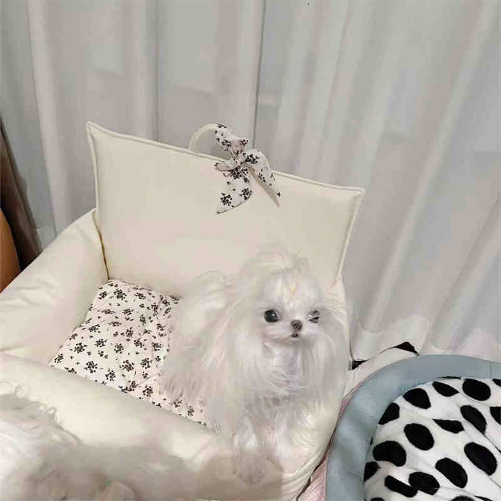 Vintage Floral Faux Leather Waterproof Anti-Scratch Puppy Dog Bed, White - M