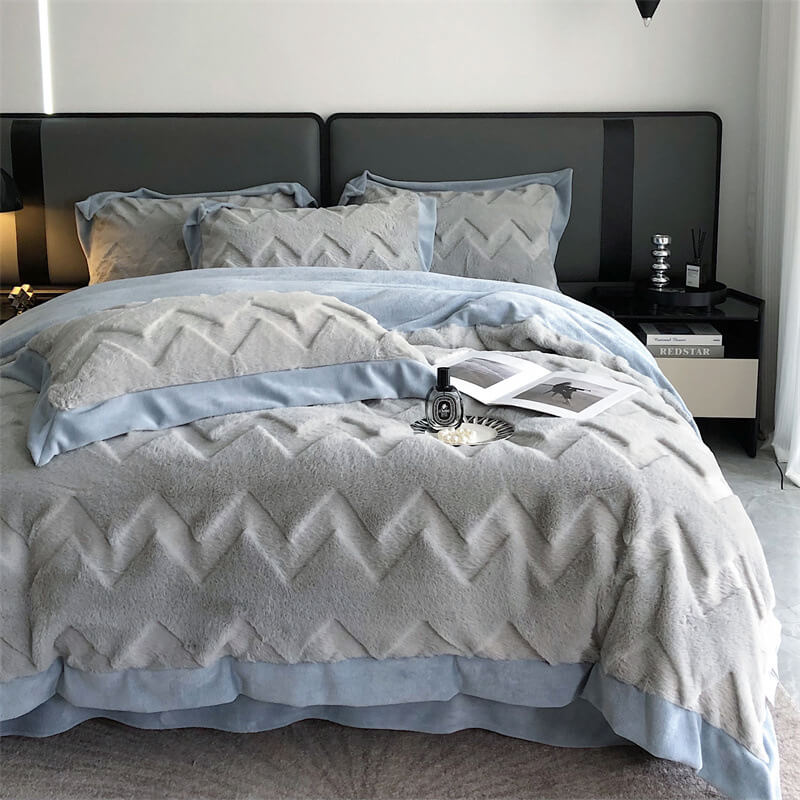 Warm Double-Sided Thickened Milk Velvet Skin-Friendly Bedding Set, Blue Grey - King-Fitted Sheet(4 Pcs)