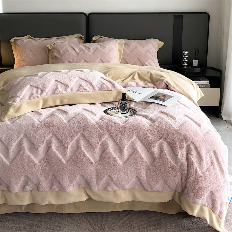 Warm Double-Sided Thickened Milk Velvet Skin-Friendly Bedding Set, Pink - King-Flat Sheet(4 Pcs)