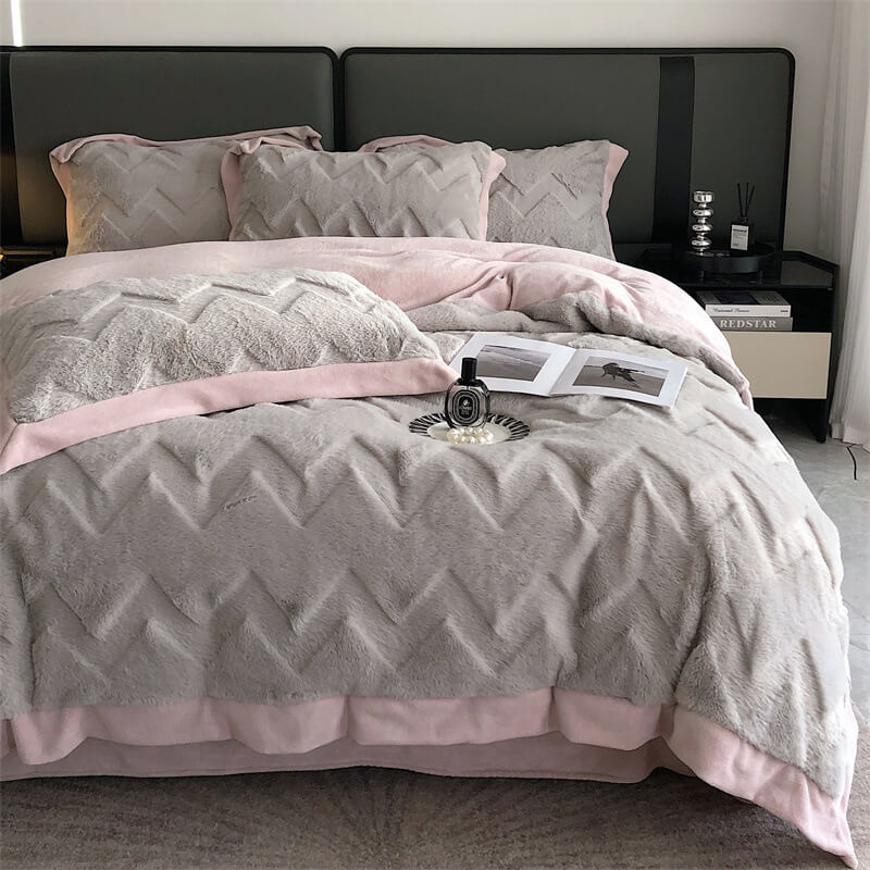Warm Double-Sided Thickened Milk Velvet Skin-Friendly Bedding Set, Grey Pink - King-Fitted Sheet(4 Pcs)