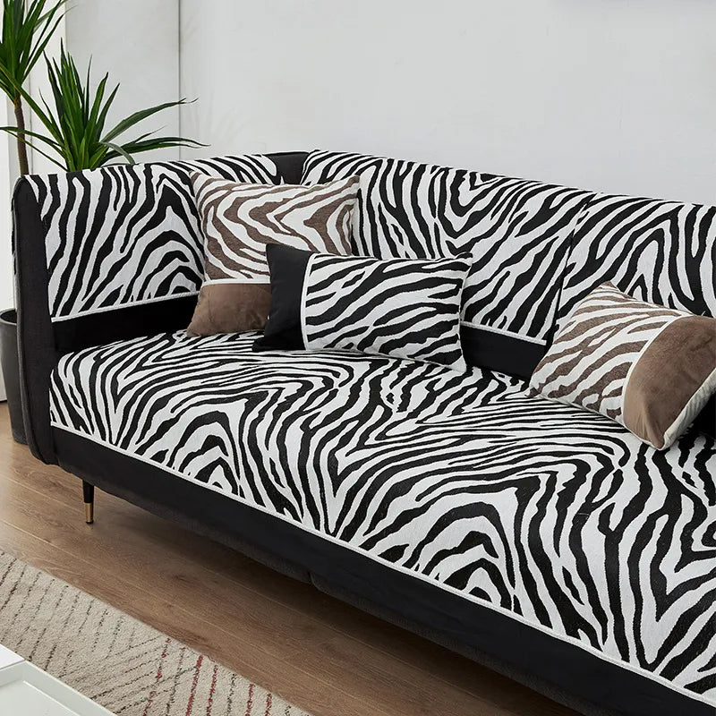 Wild Zebra Print Chenille Furniture Protector Couch Cover, Black - 27.6*27.6 in