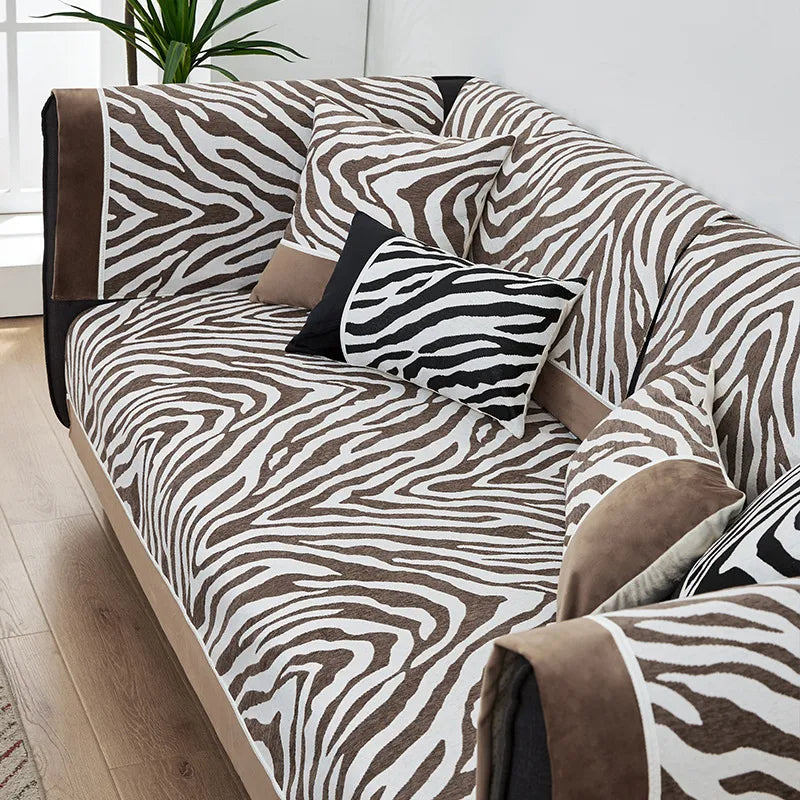 Wild Zebra Print Chenille Furniture Protector Couch Cover, Coffee - 35.4*70.9 in