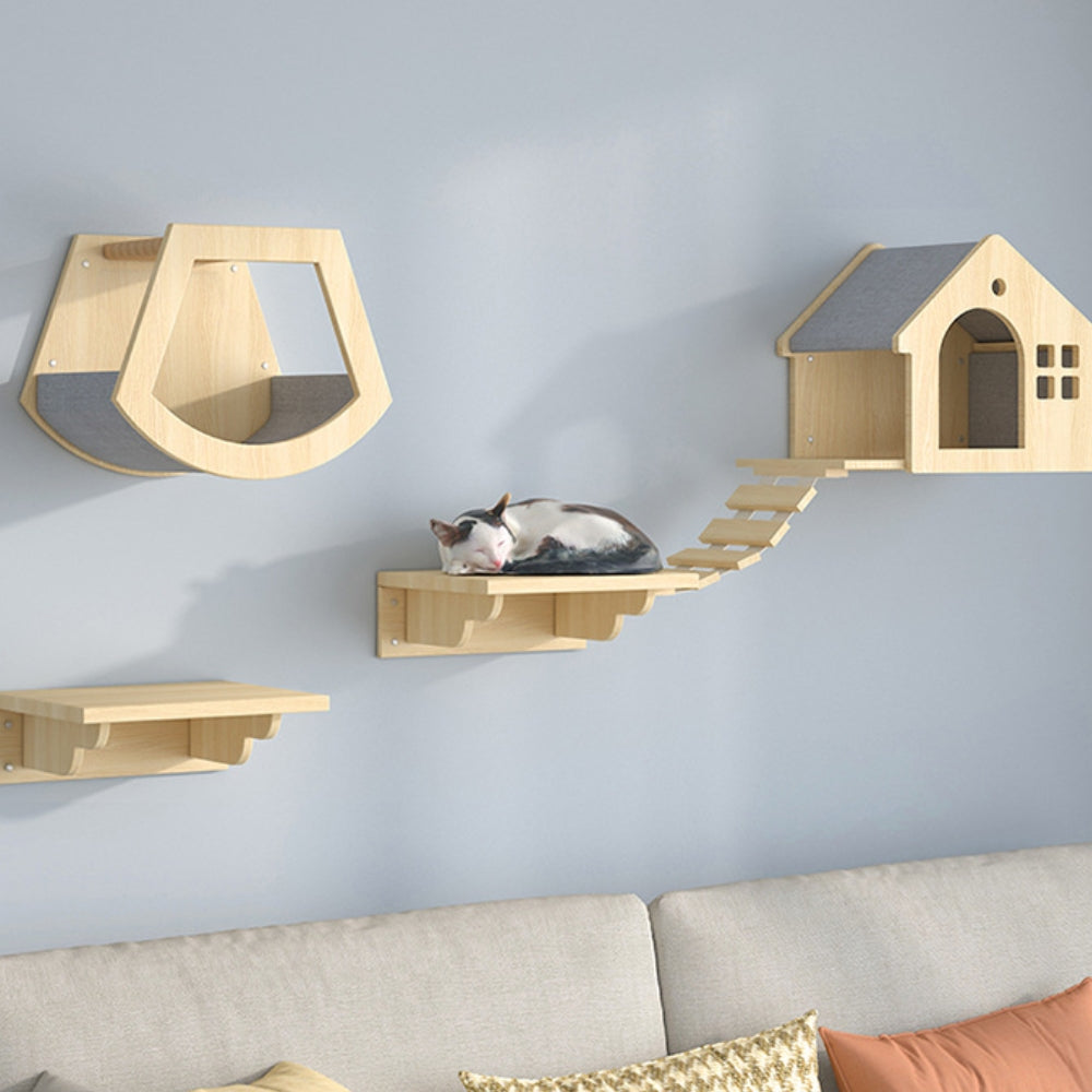 Wooden Cat Furniture Wall-Mounted Cat Climber Shelves with Condo Set, Set 1