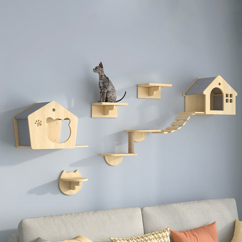 Wooden Cat Furniture Wall-Mounted Cat Climber Shelves with Condo Set, Set 2
