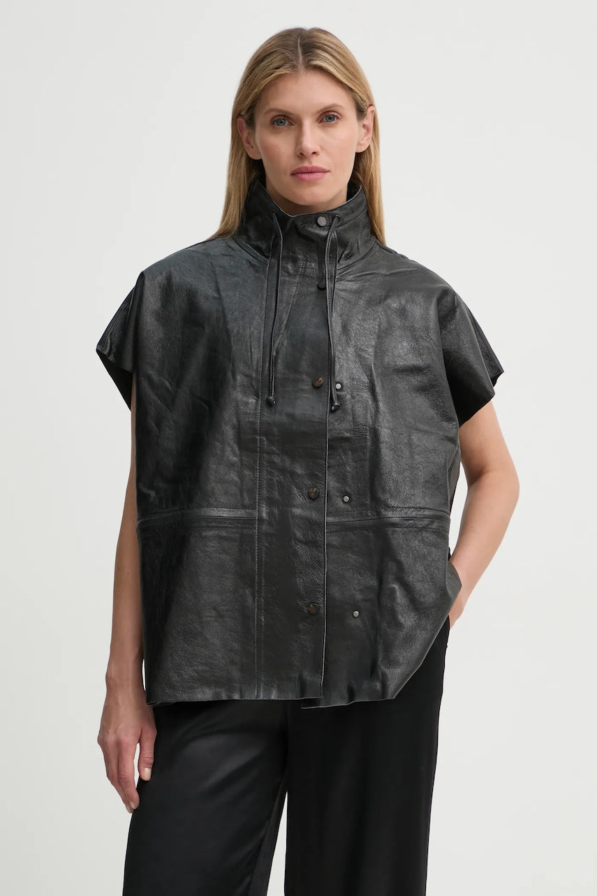 Kožni prsluk Day Birger et Mikkelsen Mortimer - Polished Leather za žene, boja: crna, za prijelazno razdoblje, DAY65243424