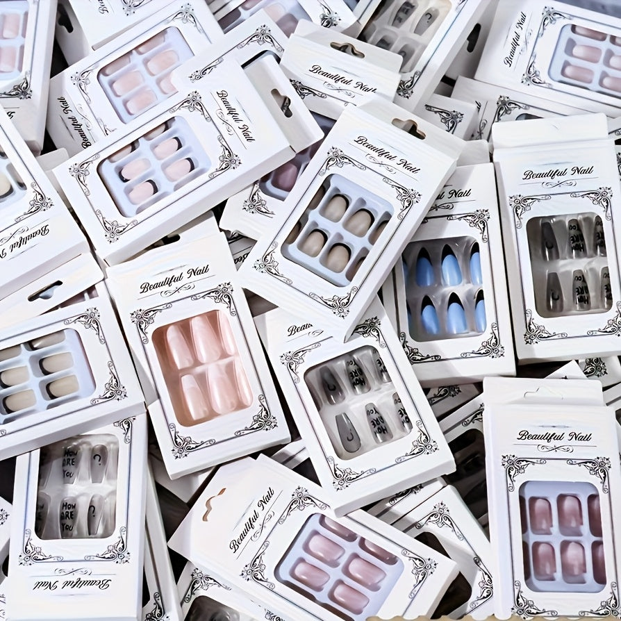 TEMU 96pcs (4sets) Random Press On Nails Stylish Almond Shape Mixed Color Glossy Finish Middle Length Ideal For Women And Nail Art Essentials Look