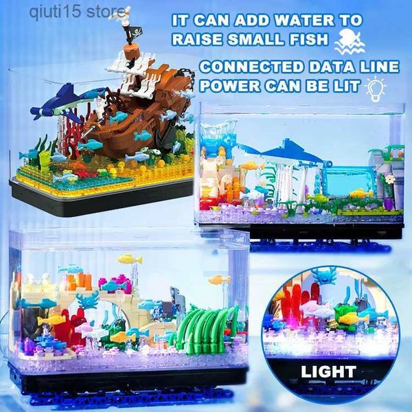 Blocks Creative Mini Fish Tank Aquarium Seaweed Biology Ship Model Building Kits Shipwreck DIY Fishbowl With LED Light Bricks Toy Gift