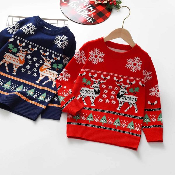 Childrens Christmas sweater girls baby knitting 2024 new autumn-winter boys cartoon elk thread coat 2 3 4 5 6 7 8 years old W241025