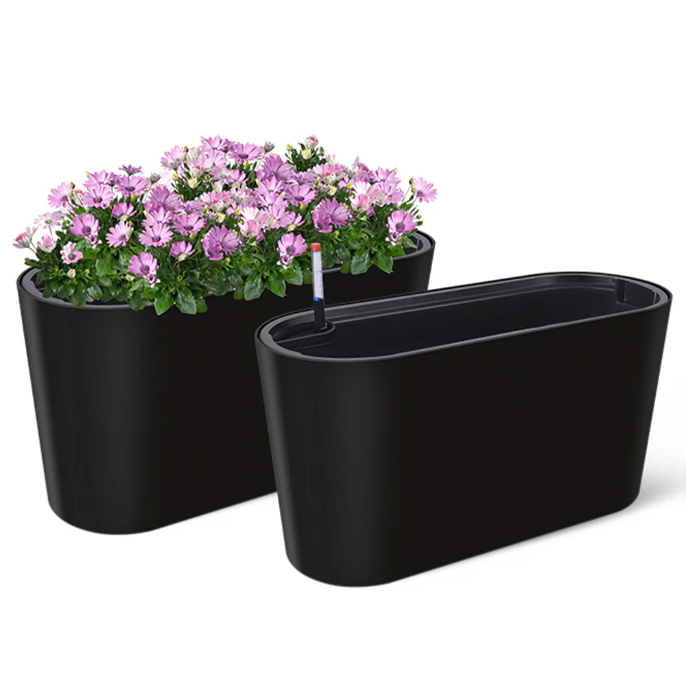Garvee Tall Oval Planter + Durable All-Weather + Removable Insert + Plastic + Modern Design + Black + Outdoor-Patio-Porch
