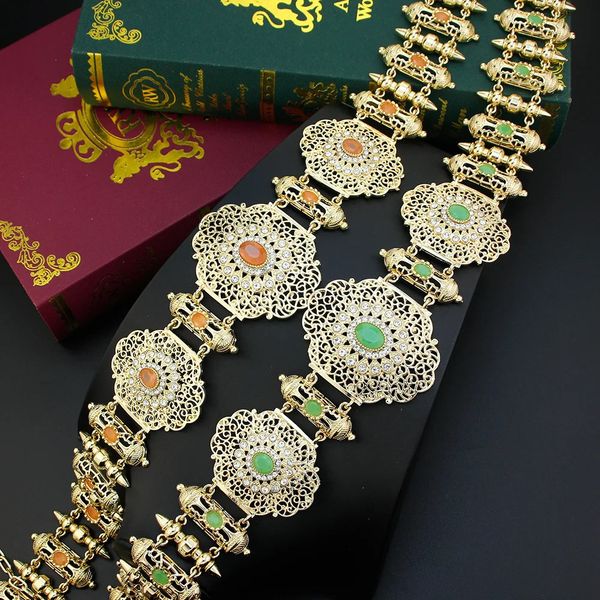 Sunspicems Chic Metal Waist Chain Morocco Belt Bride Body Chain Gold Color Orange Women Caftan Abaya Belt Arabic Wedding Jewelry 241218