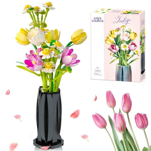 Blocks Blocks 1250PCS Tulip Bouquet Building Flower Eternal Vase Model Bricks Home Decoration Kids DIY Toys Girls Romantic Gifts H241107 Y25