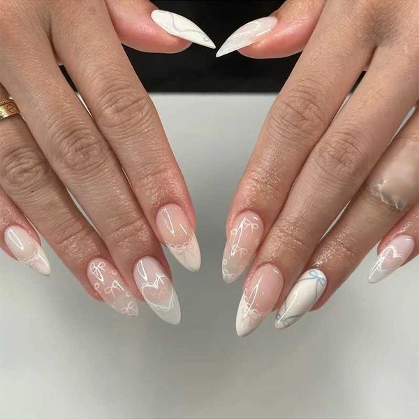24 pieces of Ins simple French fake nails with white bow Korean almonds pressed on the nails suitable for women to wear removable fake nails