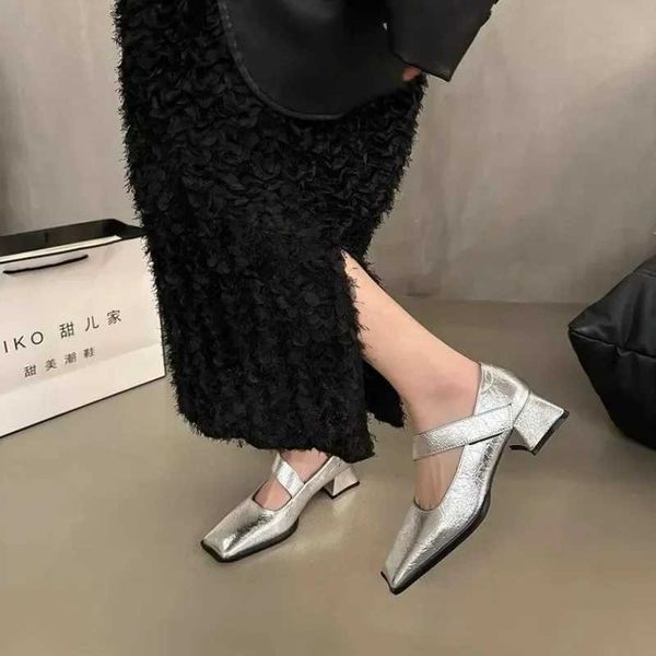 Thick Heel Silvery Women Mary Jane Shoes Fashion Shallow Shoes Spring Autumn Ladies Outdoor Dress Leather PumpsC241012