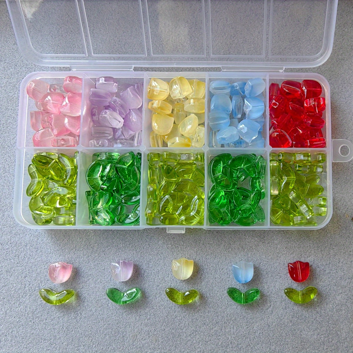 TEMU 100pcs Glass Tulip Flowers & Leaves Diy Beading Set Suitable For Making Bracelets, Necklaces, Earrings, Bags, Trailers, Hangers, Etc