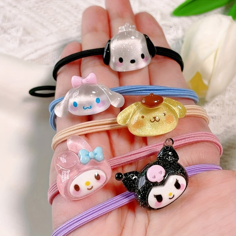 TEMU 5pcs Polyresin Hair Ties, Cute Cartoon Characters Hellokitty Friend Kuromi, , Cinnamoroll, Ponytail Holders For Women& S, Decor Colorful