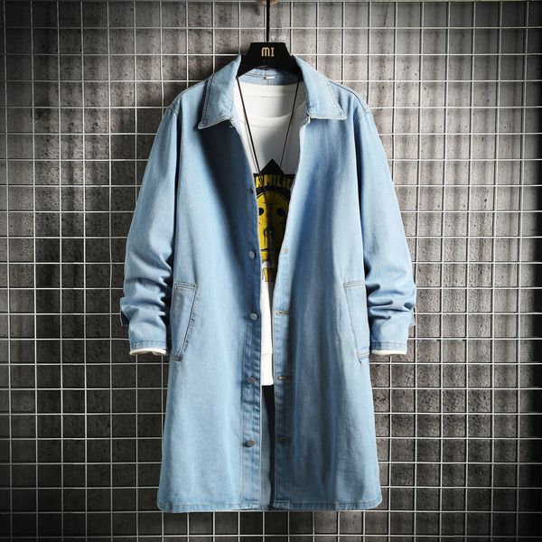 2023 Spring Mens Denim Jacket Loose MidLength Casual Coat Male TurnDown Collar Trenchcoat Korean Fashion Outerwear 250211