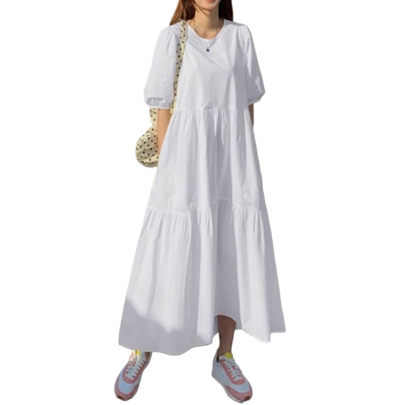 (621) New Fashionable Loose Solid Color Puff Sleeve Swing Long Dress