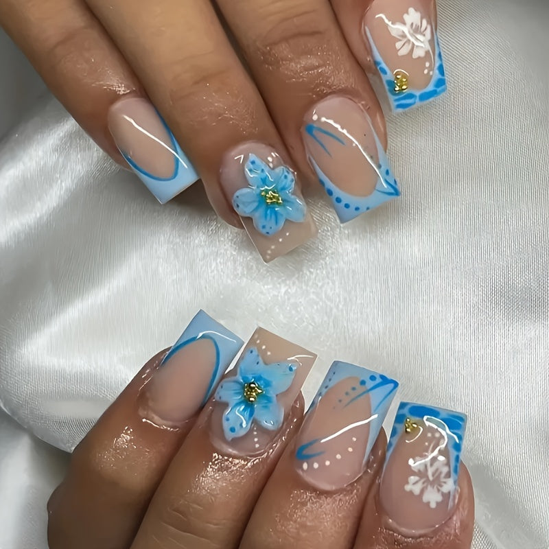 TEMU 24pcs Long Square Press-on Nails With Elegant - Glossy Fake Nails With Golden Accents, Includes Jelly Glue & Nail File For Easy Application &