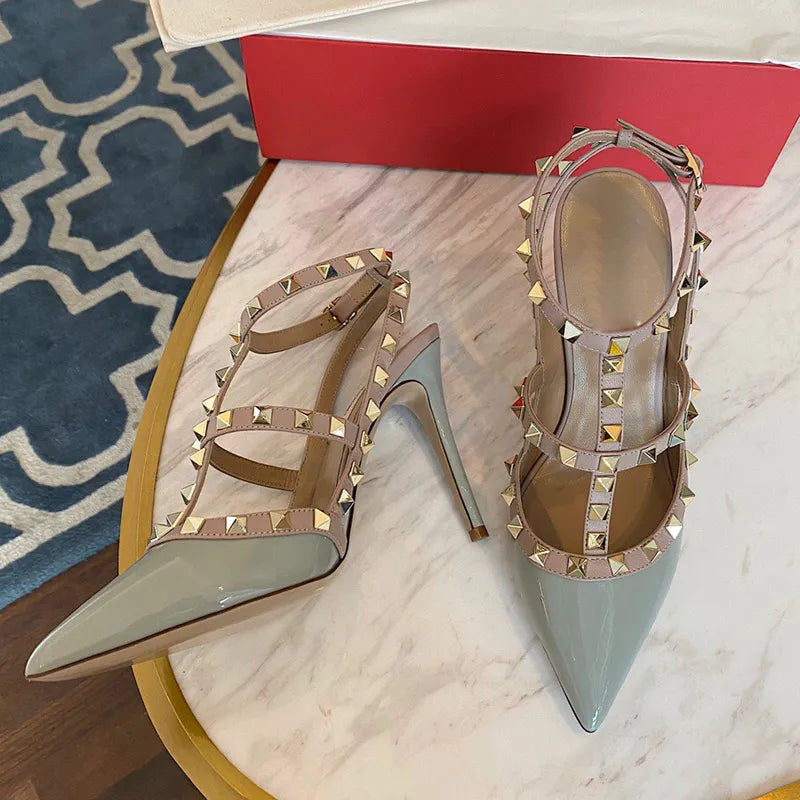 sandal Women Designers Sandals 10cm high heel Nude Patent Leather buckled strap Cage stiletto pointed toes studs shoe ankle heels straps Shoes & Acc