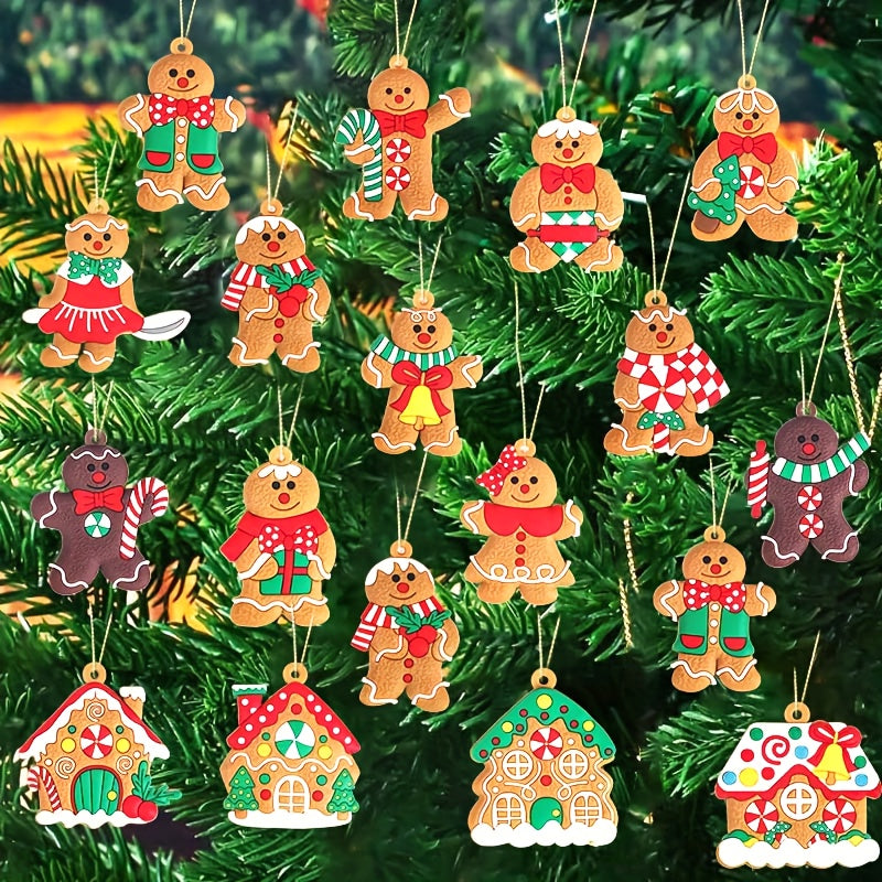 TEMU 16pcs Gingerbread Christmas Decorations - Hanging Ornaments With Gingerbread Men, Snow Houses, Candy Canes - Durable Pvc Holiday Decorations For