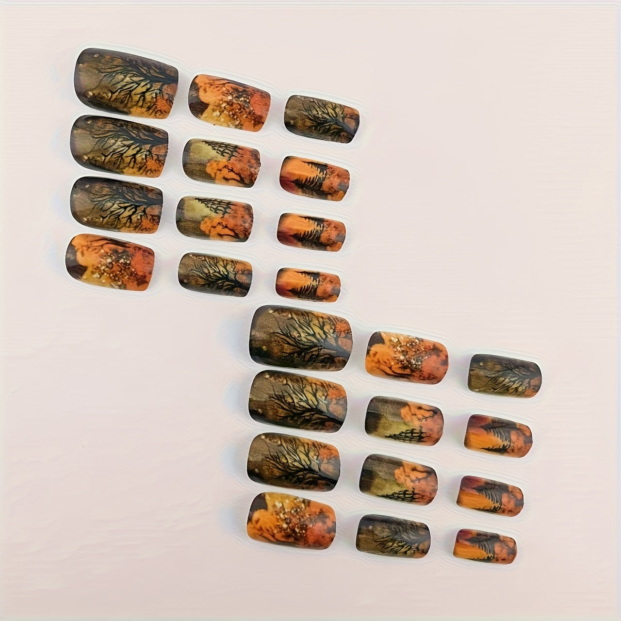 TEMU 24pcs Square Medium-length Press-on Nails - Autumn Forest Design With & Orange Foliage, Glossy Finish Detachable Artificial Nails For Fall