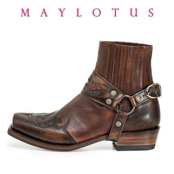 Size 38-48 Cool Style Men Boots Rivet Crystal Decor Buckle Belt Pointed Toe Leather High Quality Men Shoes Zapatillas Mujers 250106