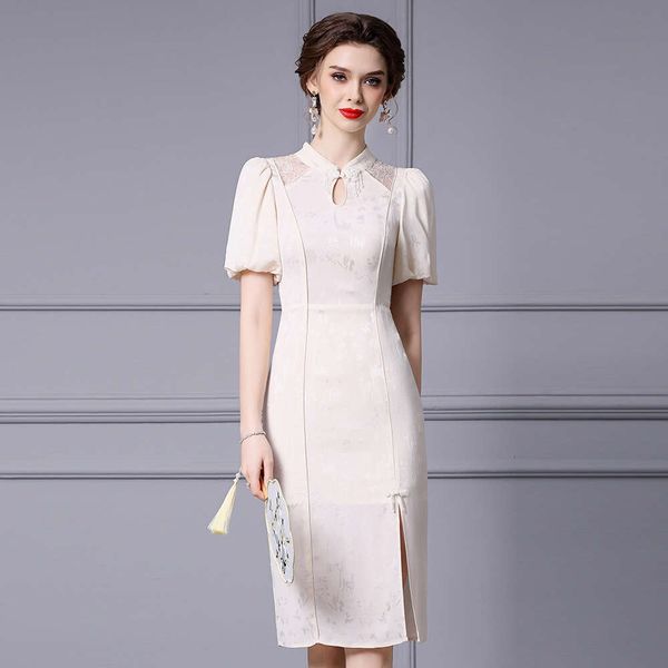New Chinese Style Acetic Acid Dress with Stand Up Collar Pan Button Lantern Sleeve Jacquard Improved Cheongsam Hip Wrapping Skirt Summer Sil