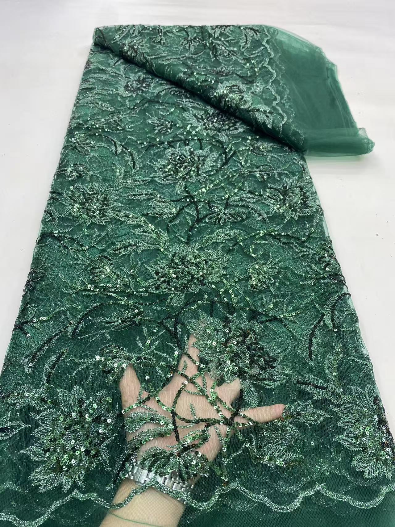 Exquisite Handcrafted Green Tulle Material Featuring Delicate Blossoms And Lustrous Rhinestones Ideal For Crafting Romantic Outfits