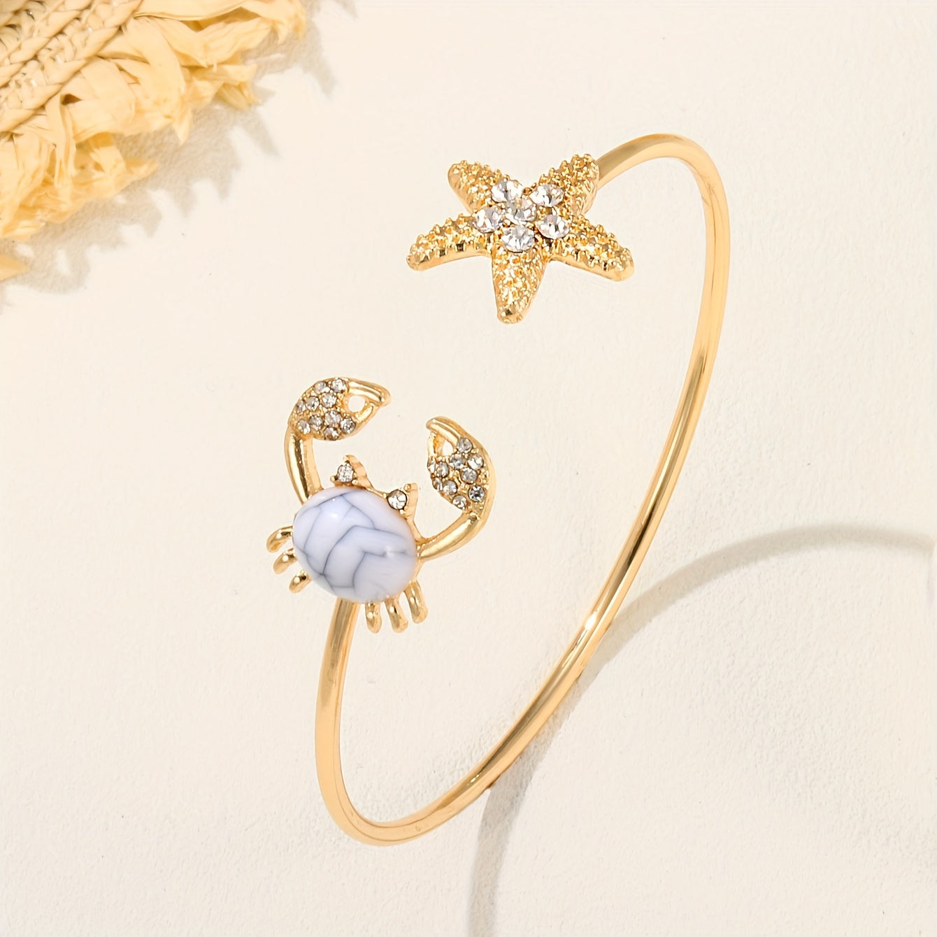 TEMU Women's Ocean-inspired Starfish Bracelet - Adjustable Open Cuff With Sparkling Crystals, Alloy, Casual Attire, Beach Jewelry|sparkling Bracelet|