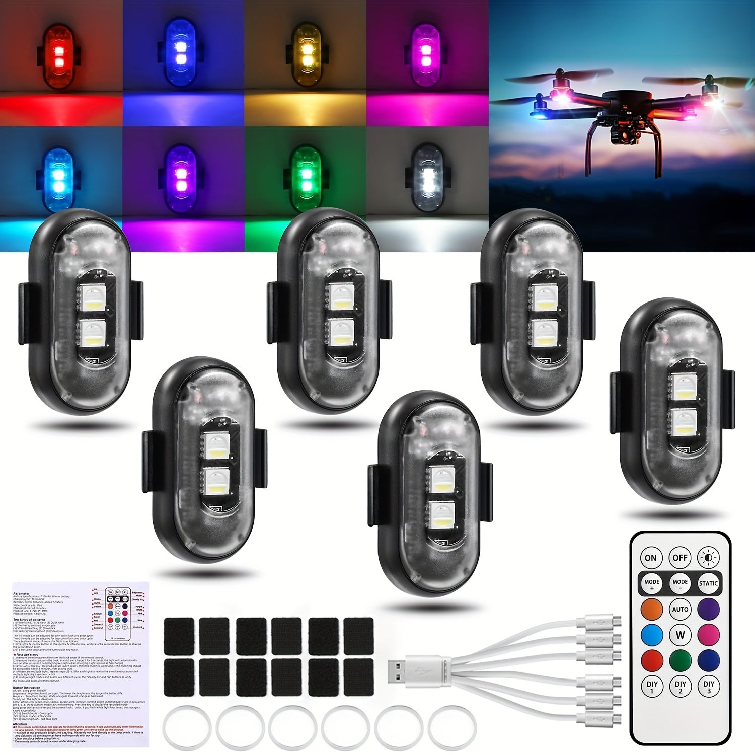 TEMU 4-6 Pack Car Lights With Remote Control, Strobe Light 8 Colors Usb Charging Anti-collision Warning Light For Car Interior Truck Motorcycle Drone