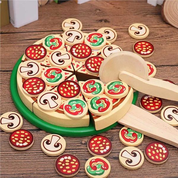 Wooden pizza toy educational food set simulates children pretending to cook early education party supplies building puzzles W241119