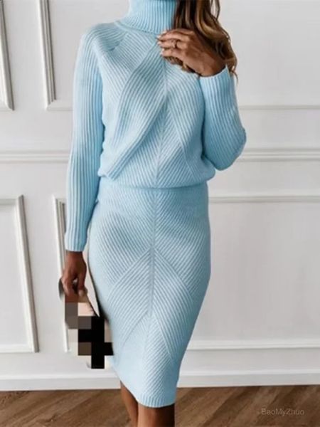 2024 Autumn Winter Womens Knitting Costume Turtleneck Solid Color Pullover Sweater Slim Skirt TwoPiece Set Female Warm Suits 241119