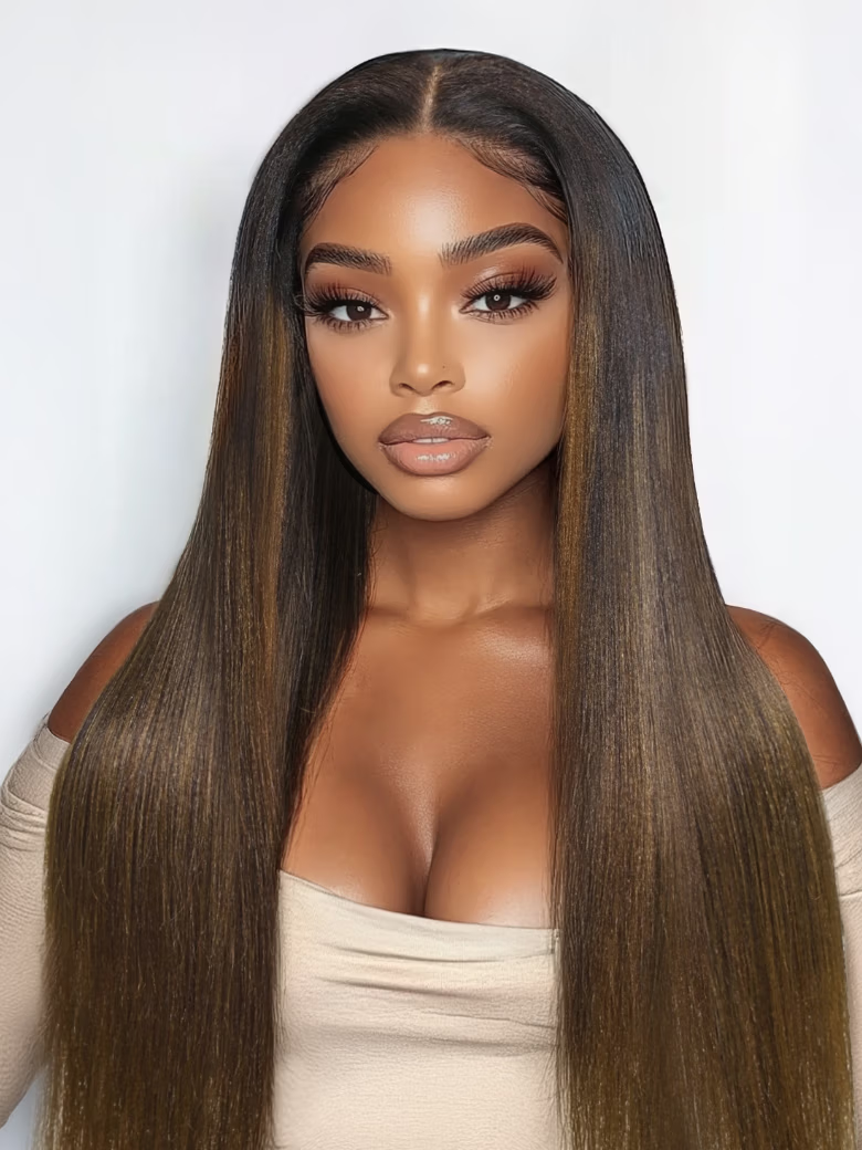 [Limited Exclusive Price] Bye-Bye Knots 7x5 Lace Black to Chestnut Brown Ombre Yaki Straight Wig With Invisi Drawstring & Loose Wave Wig