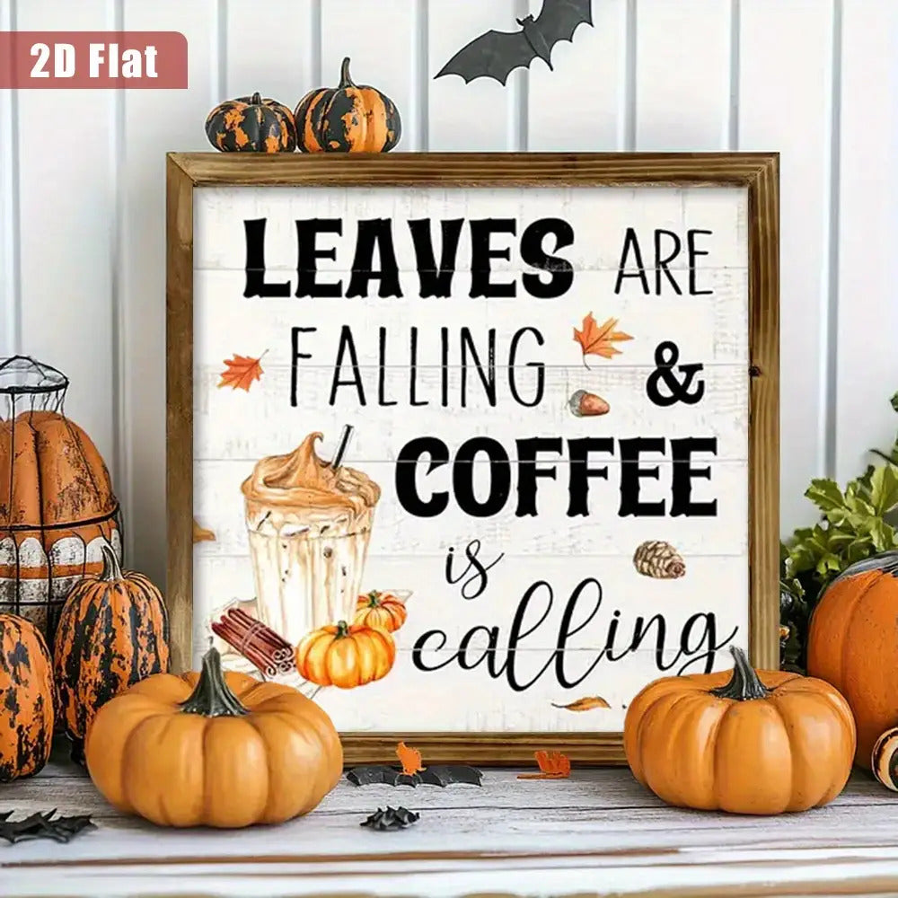 TEMU 2d Flat, 8x8 Inch Rustic Wooden Wall Decor Sign - Farmhouse Fall Decoration With "leaves Are Falling & Coffee Is Calling" Quote, Coffee Cup &