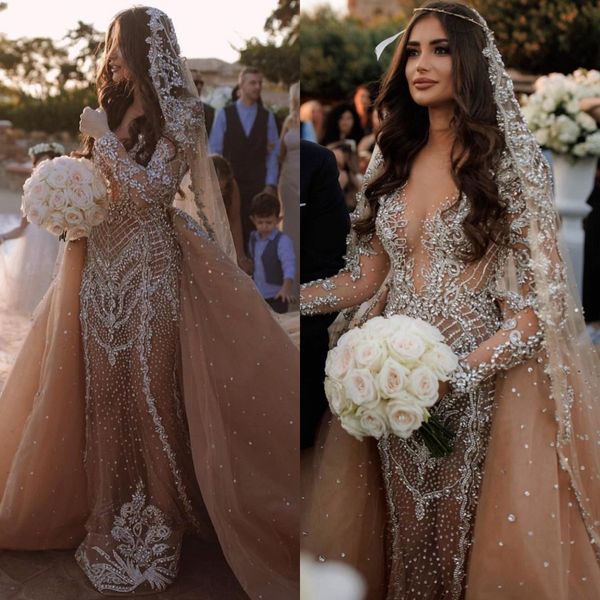 Champagne Mermaid Dresses Overskirt Illusion V Neck Long Sleeves Crystal Wedding Dress Sweep Train Robe De Mariee Bridal Gowns With Veil