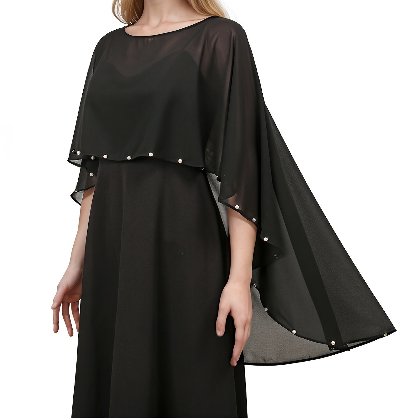 TEMU 1pc Elegant Black Chiffon Capelet Wrap - Lightweight Breathable Shawl With Button Accents, Versatile Evening To Daywear Outerwear, Machine