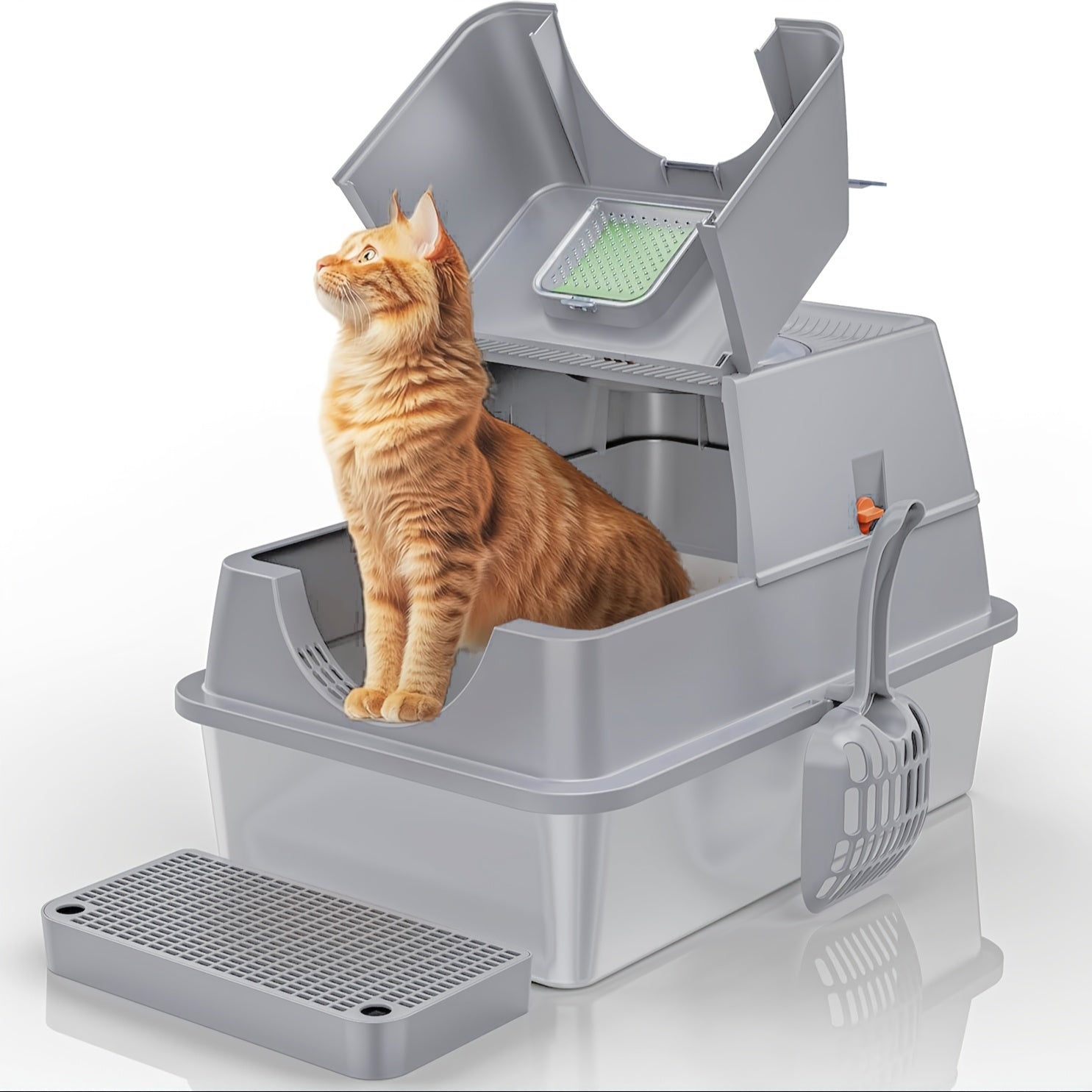 TEMU Extra Large Stainless Steel Enclosed Litter Box With Lid - Front Entry Top Exit , System & Removable Mat, Includes Scoop For - Durable For