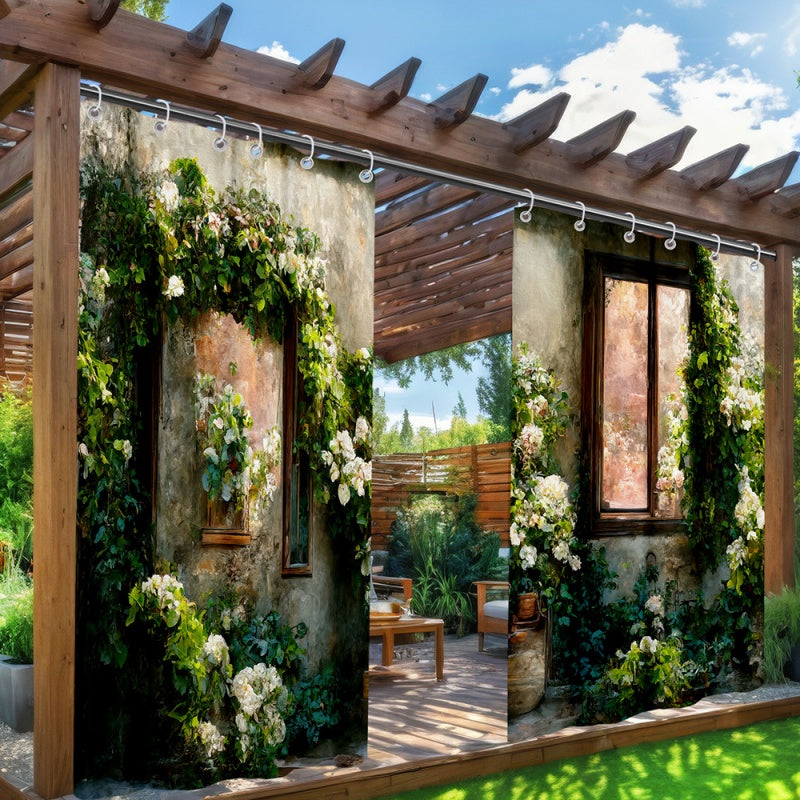 Retro Green Outdoor Waterproof Garden Curtains with Plant & Flower Motifs