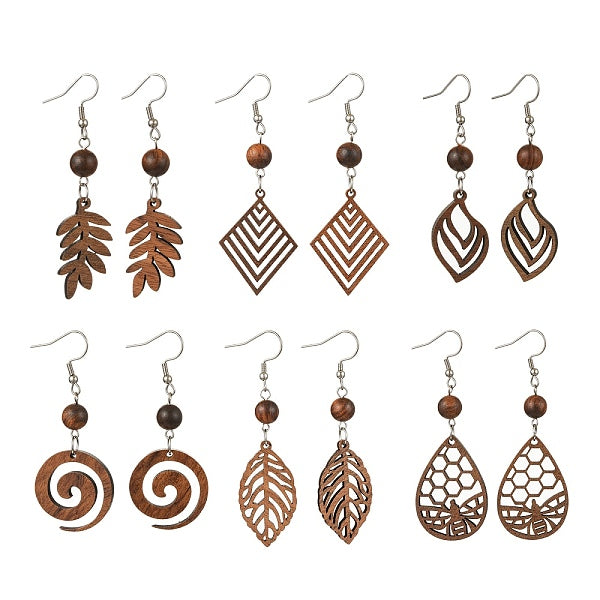 6 paire de boucles d'oreilles pendantes en bois de noyer naturel pour femmes