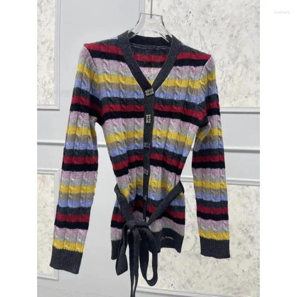 Womens Knits Women 2024 Early Autumn Wool Blended Striped Contrast Color Retro Lace Slim Knitted Cardigan-Ves