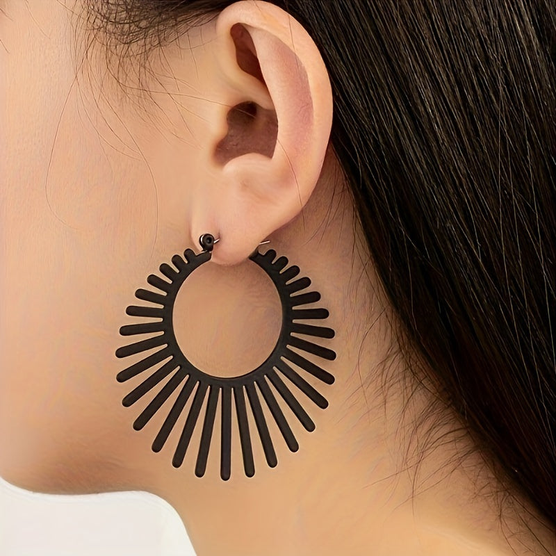 TEMU Pair Of Chic Black Geometric Fan-shaped Hoop Earrings For Women - Retro Minimalist Style, Alloy With Stainless Steel Posts, Casual Attire Or