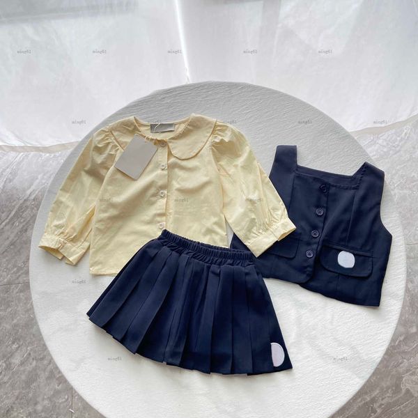 Brand girls dress suit baby Autumn Three piece set kids designer clothes Size 90-140 CM Collar Cute Yellow Shirt Tank top and short skirt