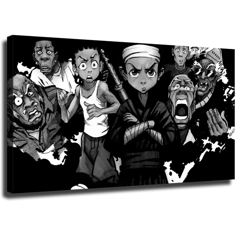 TEMU -inspired Black Cartoon Canvas Art - Wooden Wall Decor For Living Room & Bedroom, Monochrome Design, Indoor Artwork| Wall Art|, Wall Art Decor,