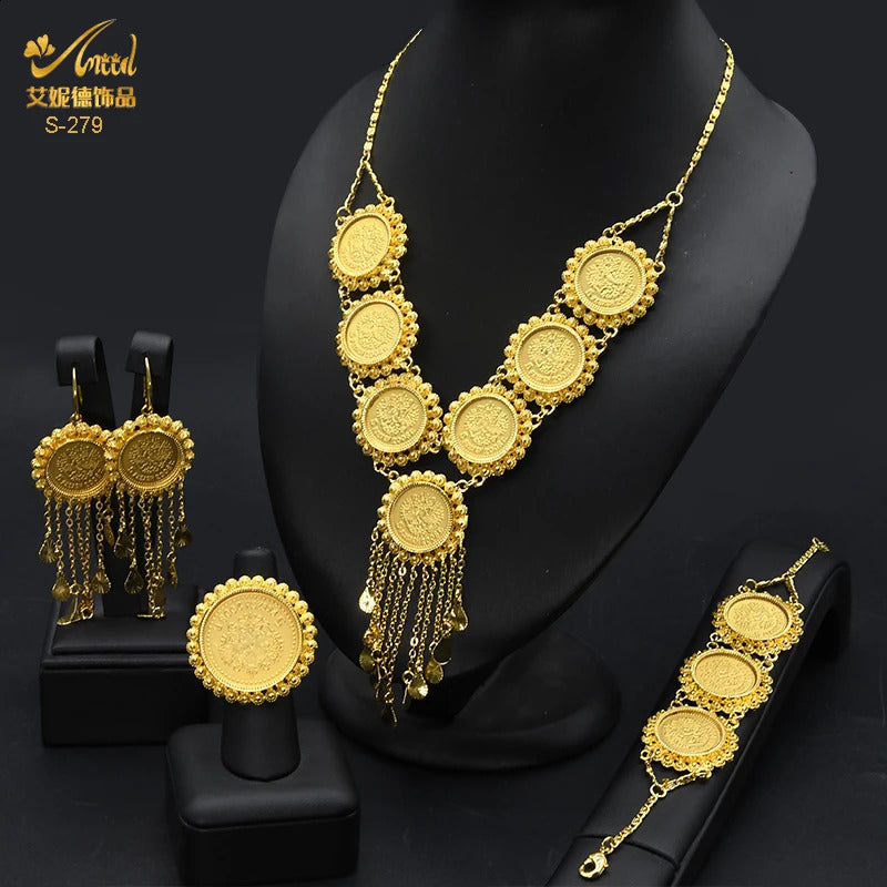 ANIID Dubai Gold Color Coin Necklace Bracelet Jewelry Sets For Women African Ethiopian Bridal Wedding Jewellery Gifts 240911