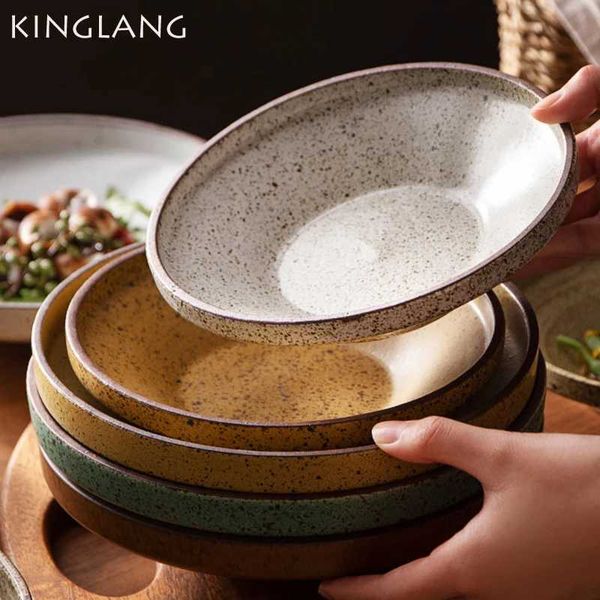 KINGLANG 2 Sizes Vintage Japanese Deep Plate Handmade Retro Dinner Plate Household Dish Plate Microwave Oven Safe PlateC241213