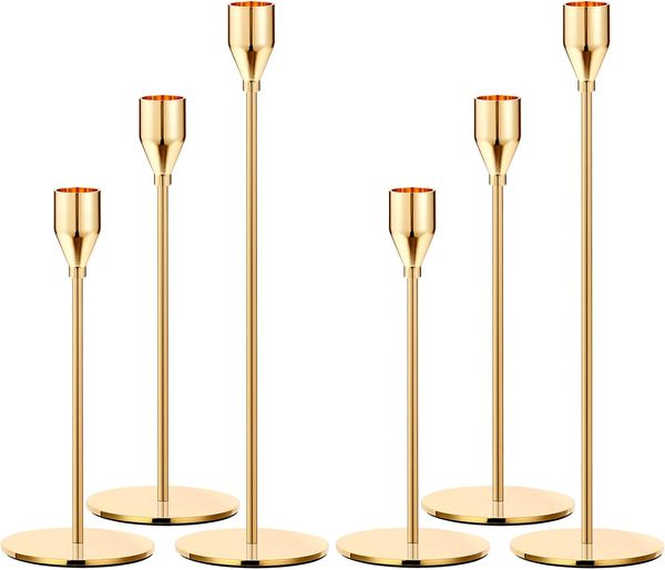 6pcs set Metal Gold Taper Candle Holder for Wedding, Dinning, Party, Fits 3 or 4 inch Thick Candle,Led Candles